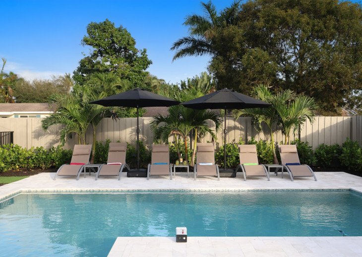 Escape to a private Delray Beach paradise: Featuring an amazing pool, cozy loungers, a sun shelf, and surrounded by palm trees, our secluded retreat is your ideal vacation haven.