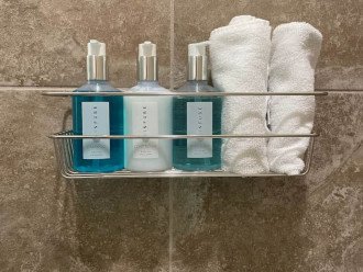 Every bathroom is stocked with upscale soaps and plush towels