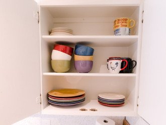 Colorful dishes, bowls, plates and mugs