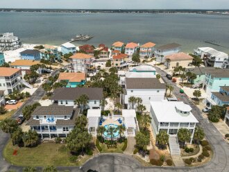 Aerial view of community pool and neighborhood