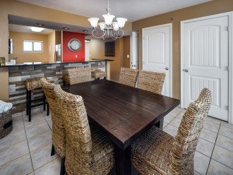 The large dining room table seats 6 people