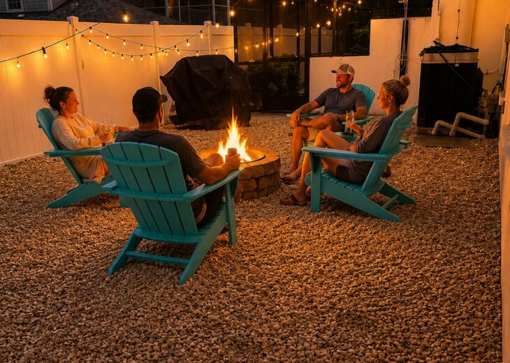 Kick back with four of your favorite people around the lit fire pit as string lights glow overhead.