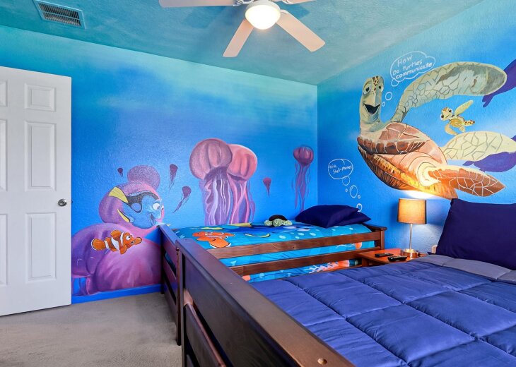 Totally awesome, dude: the Crush Room’s underwater mural, jellyfish walls, and Nemo bedding make bedtime the easy part. Includes a twin and a full bed.