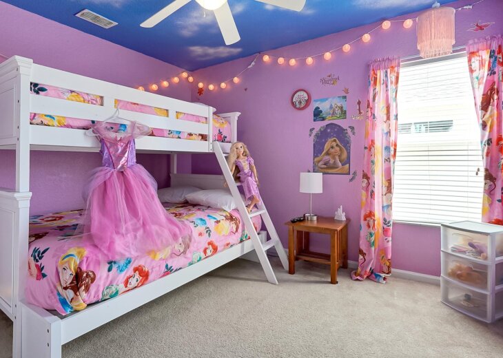 Rapunzel bedroom, twin over full bunkbed with toys