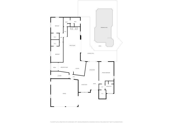 Spacious floor plan showing bedrooms, living areas, full kitchen, garage, and outdoor swimming pool with patio for your vacation enjoyment.