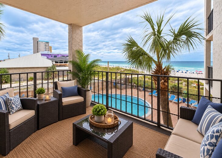 Beautiful Gulf, beach, and pool views from your private furnished balcony.