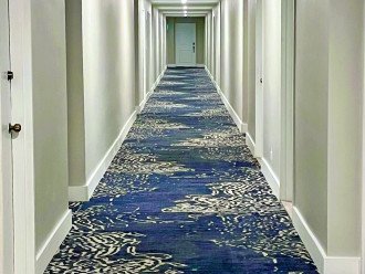 Freshly painted hallways with newly installed, ocean-themed carpeting.