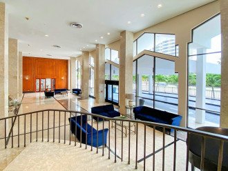 The modern, sleak and luxurious lobby.