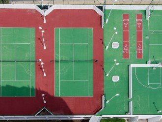 Sports Deck Lighted Tennis Court, Basketball and Schuffle Board