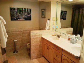 Private Master bathroom tub/shower combo 2 sinks all linens are supplied