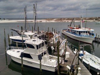 View over Destin harbor w/boats for hire for diving, fishing, snorkeling