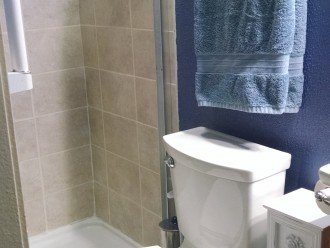 Ground floor apt. shared BA w/walk-in tiled shower w/railing for challenges