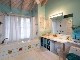 Master Bath is bright, airy, and colorful with cathedral ceilings. Bath/Shower
