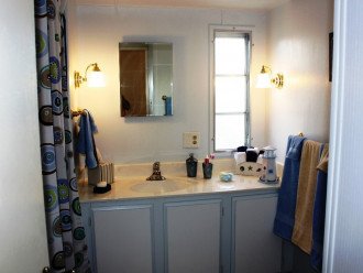 Hall bathroom with shower/bathtub and plenty of cabinet space