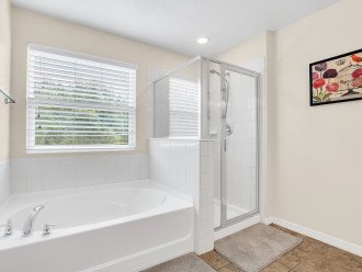 Master bedroom in suite bathroom with jet tub and stand shower