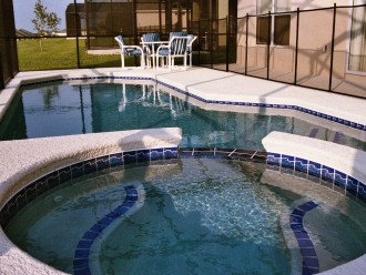 Our private pool and spa with removable safety fence