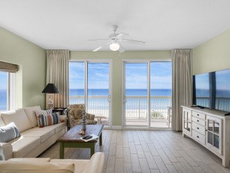 Spacious main living area with comfortable seating and views of the Gulf of Mexico