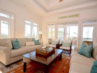 Living room has ample eating and excellent views of Gulf and beaches.