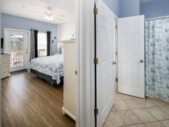 Bathroom has entrances from both bedroom and the hallway for extra convenience.