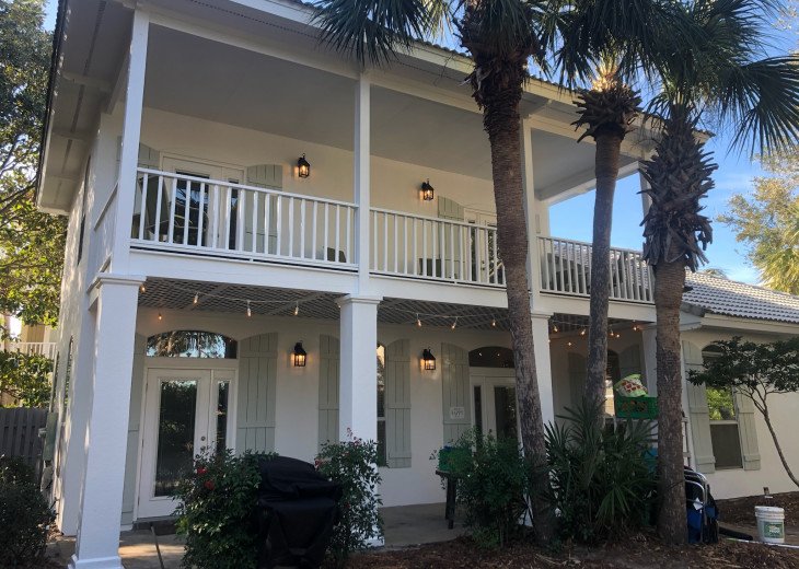 NEW exterior paint 2021 with market lights and new lanterns on porches!