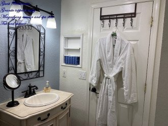 Guest bath, granite topped vanity, magnifying mirror and Spa robe, Tub & shower