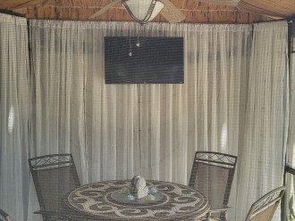 Bambo ceiling with fan/light and Streaming TV near gas grill; antique table