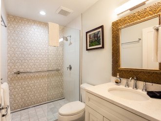 Third bathroom with walk-in shower with grab bar and single vanity