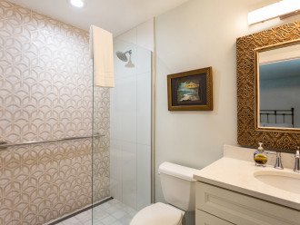 Second bathroom with single vanity and walk-in shower with grab bar