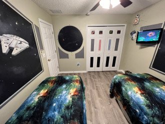 Bedroom #4 Star Wars room - two twin beds with ceiling fan & TV