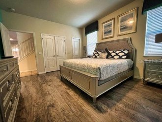First floor master suite with king bed and walk in bathroom