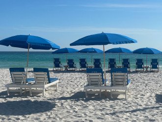 Daily beach setup for 12 - 4 lounge chairs and 8 wooden chairs with umbrellas!