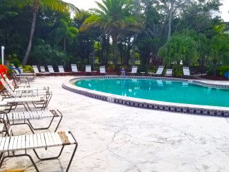 Large pool surrounded by tropical vegetation is heated for best enjoyment.