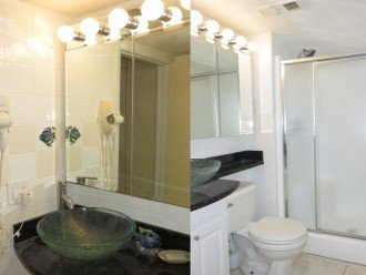 En suite master bath with granite, vessel sink and walk in shower