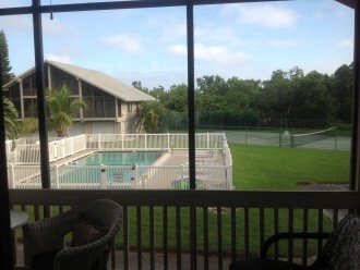 View from the screened in furnished lanai. Bay is directly behind the trees!