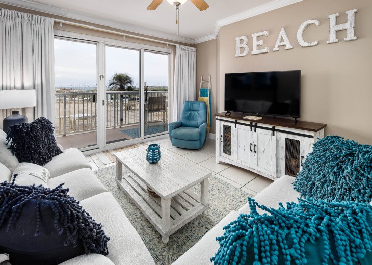 Our beachfront living room is the perfect place to gather at the end of the day!