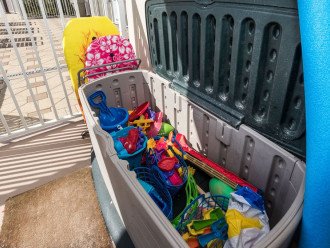 We have a deck box on our patio with beach and pool toys!