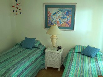 Well appointed 2nd bedroom with two twin-size beds, flat panel HDTV