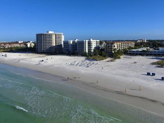 Aerial view of Crescent Arms Condo on Siesta Key's world famous powder white sand beach