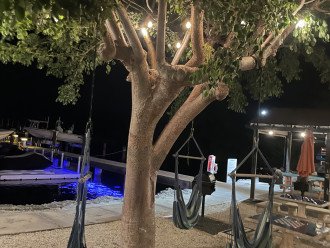 Outdoor lounge area next to the marina